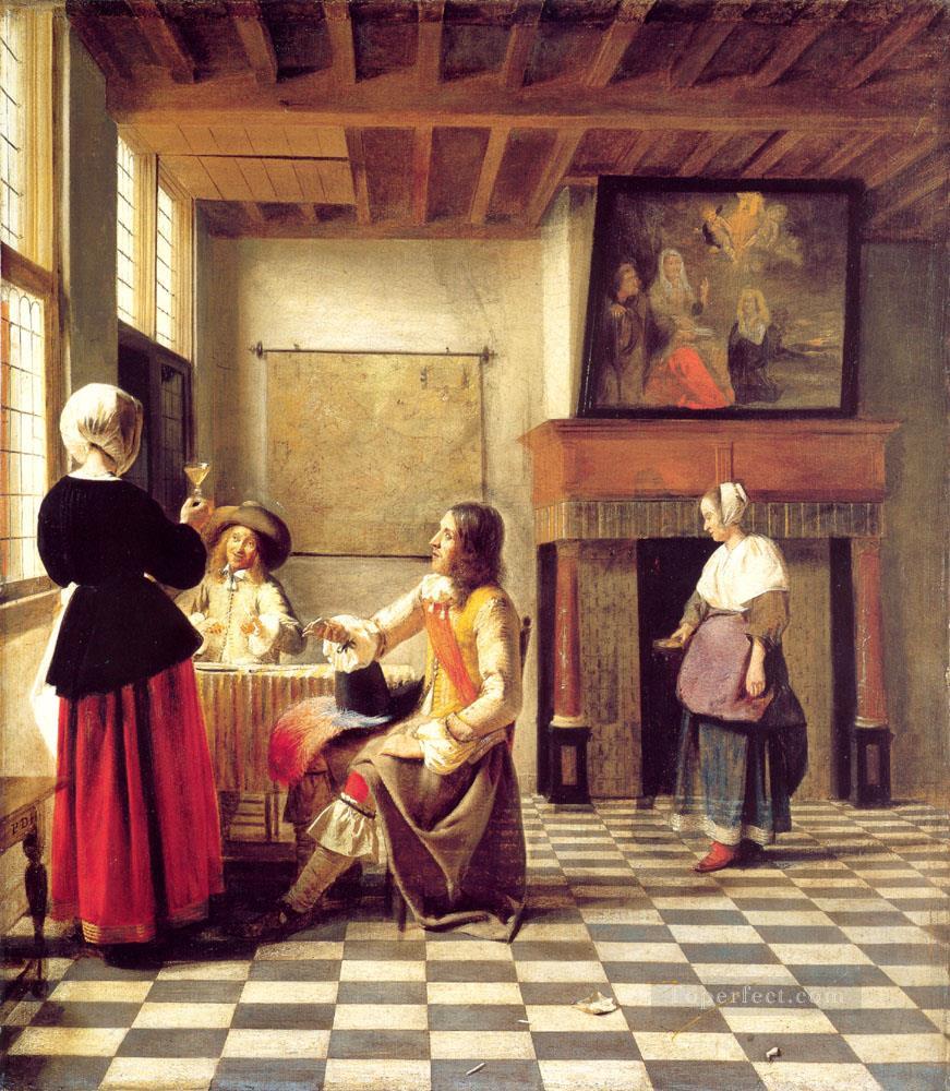Una mujer bebiendo con dos hombres y una sirvienta género Pieter de Hooch Pintura al óleo